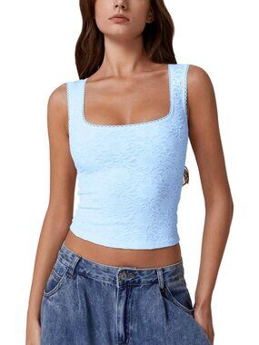 Women's Sky Blue Stylish Lace Trim Square Neck Sleeveless Double-Layer Tank Top